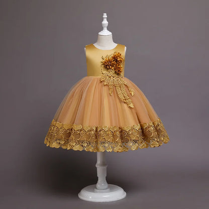 2023 Summer Girls Dress Lace Applique Flower Girl Party Dresses Children Costume 2-10 Years Kids Wedding Princess Birthday Dress