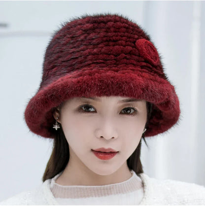 Woman Hat Winter Solid Mink Caps With Flower Natural Mink Fur Hats New Russian Girl Soft Knitting Real Fur Bucket Hats 2026 Warm