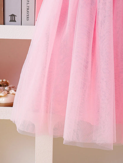 Summer New Pure Color Mesh Princess Skirt for Girls Elegant Simple Design Children's Party Dress
