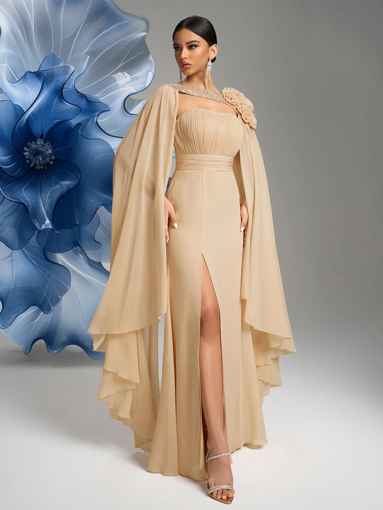 Women's Tube Top Floating Piece Sleeve Three - Dimensional Flower Slit Evening Dress