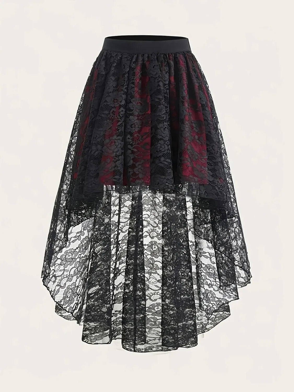 Women's Gothic High Low Tulle Skirt Black Red Floral Lace Contrast High Waist Vintage Punk Rock Style Asymmetrical Hem Skirt