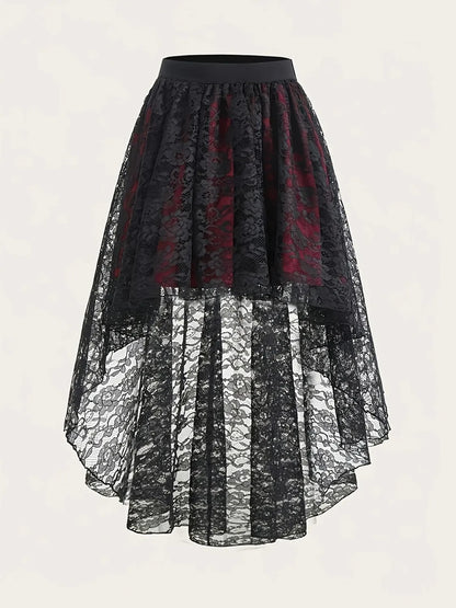 Women's Gothic High Low Tulle Skirt Black Red Floral Lace Contrast High Waist Vintage Punk Rock Style Asymmetrical Hem Skirt
