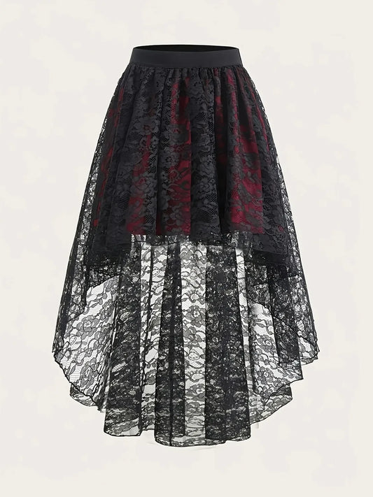 Women's Gothic High Low Tulle Skirt Black Red Floral Lace Contrast High Waist Vintage Punk Rock Style Asymmetrical Hem Skirt