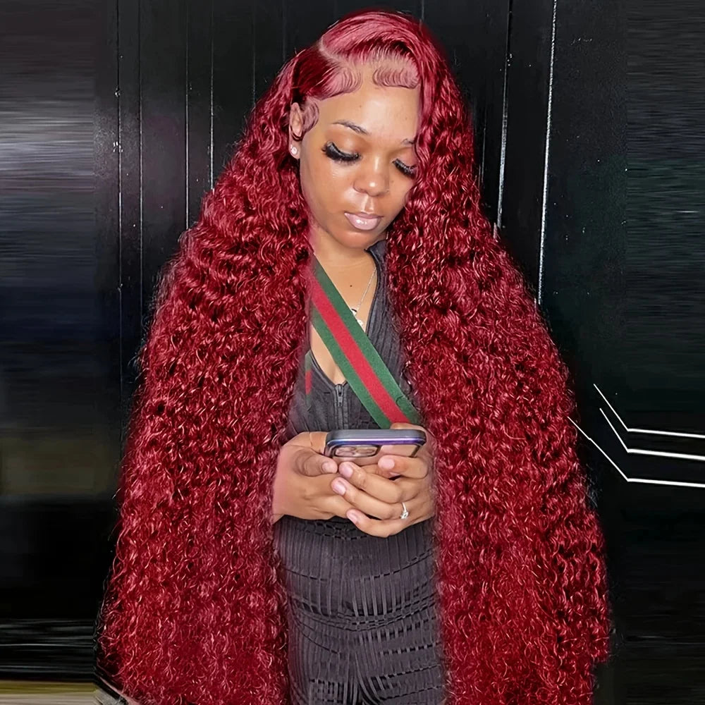 13x6 99j Burgundy Lace Front Wigs Human Hair Deep Wave 250 Density Transparent Frontal Wigs Pre Plucked Red Curly Wigs for Women