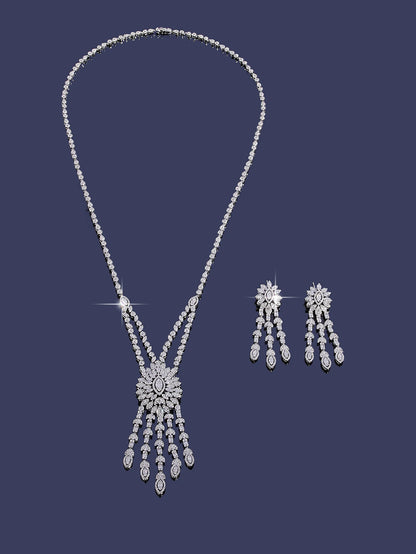 Long Sweater Chain Tassel Necklace Earring Set for Women Luxury Cubic Zirconia Bridal Jewelry Set Wedding Accessorie