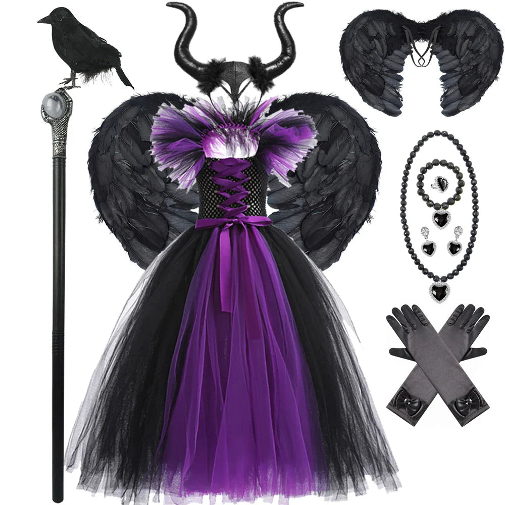 Fantasia Malévola Infantil Meninas Vestido Princesa Bruxa Festa a Fantasia Roupa de Carnaval Infantil Disfarce sem Mangas