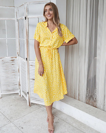 Vintage Floral Print Dress Women Boho Short Sleeve Long Dress Turn Down Collar Casual Waistband Shirt Dresses Robe 2021 Summer