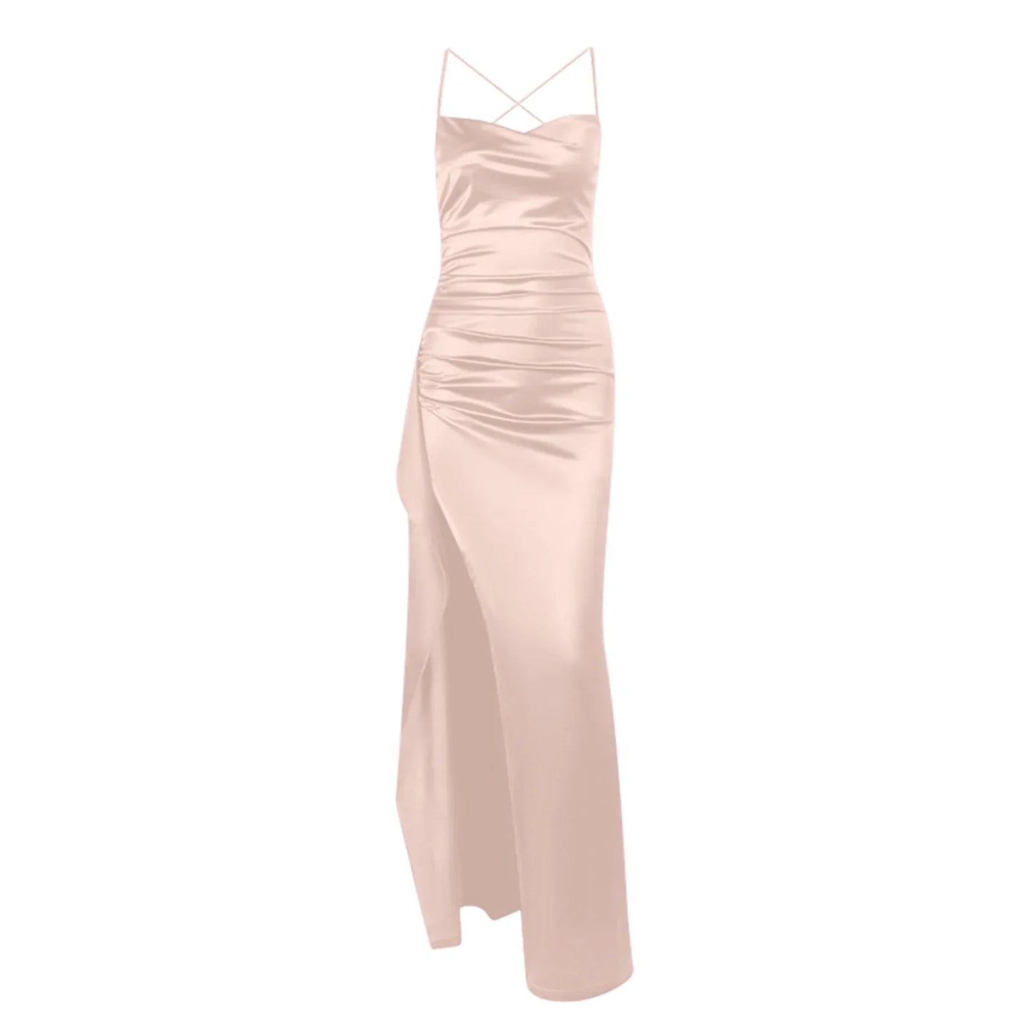 Women's Fashion Elegant Fitted Pleated Slit Satin Gown Solid Color Sleeveless Backless Long Dresses Summer Satin Party Dress