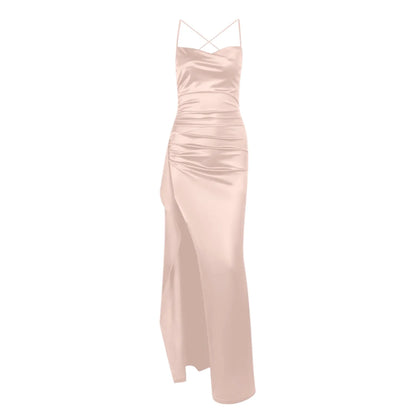Women's Fashion Elegant Fitted Pleated Slit Satin Gown Solid Color Sleeveless Backless Long Dresses Summer Satin Party Dress