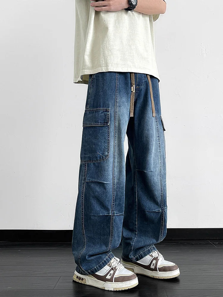Men's Cargo Jeans with 5 Pockets Spring Summer All-Day Wide Leg Straight Baggy Jeans Brushed Warm Denim Pants Asian Size L-6XL