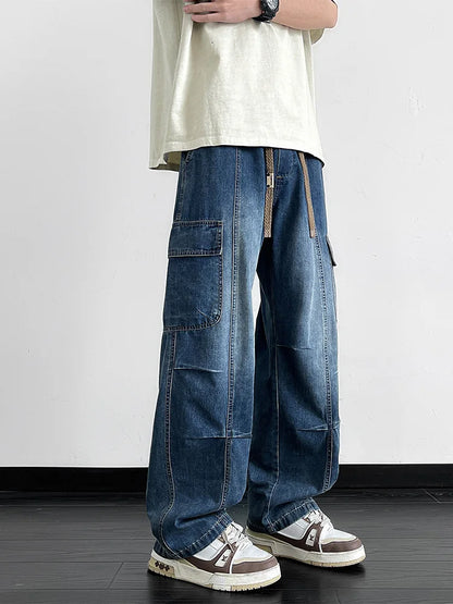 Men's Cargo Jeans with 5 Pockets Spring Summer All-Day Wide Leg Straight Baggy Jeans Brushed Warm Denim Pants Asian Size L-6XL