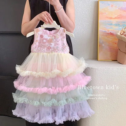 Vestido Regata para Meninas Verão 2025 Novo Vestido Elegante de Malha com Babados para Meninas Vestido Princesa Roupa Infantil de Fada