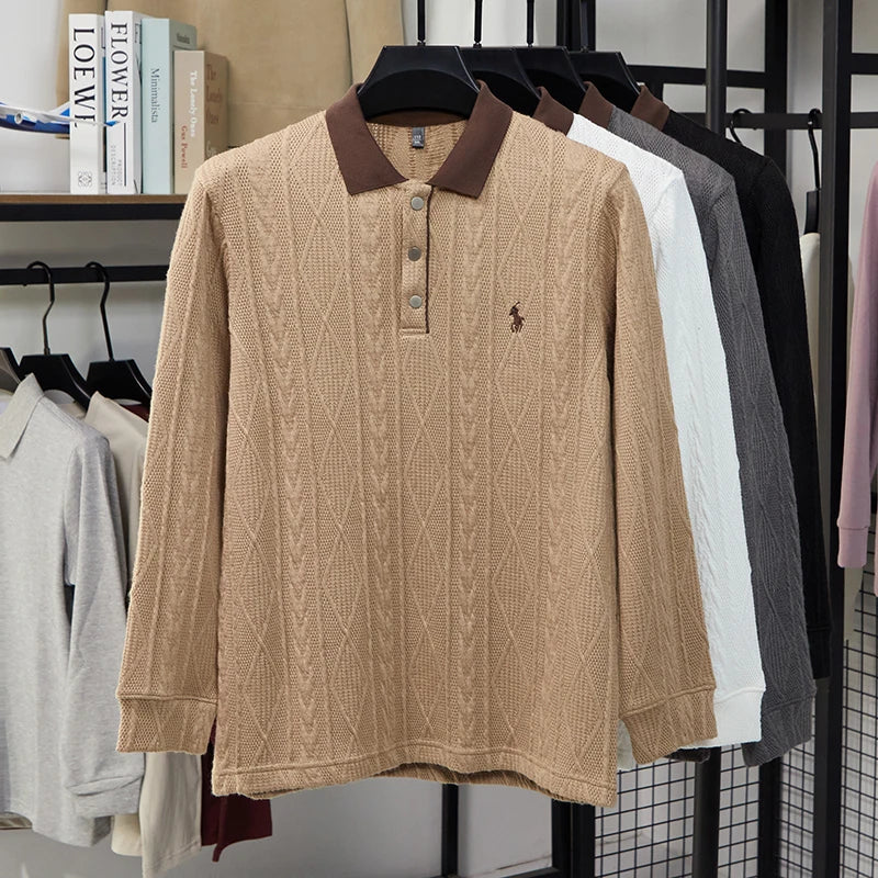 Men's Autumn and Winter Light Luxury 100% Cotton Men's Embroidered Knitted T-shirt Casual Business Sweater Polo Shirt