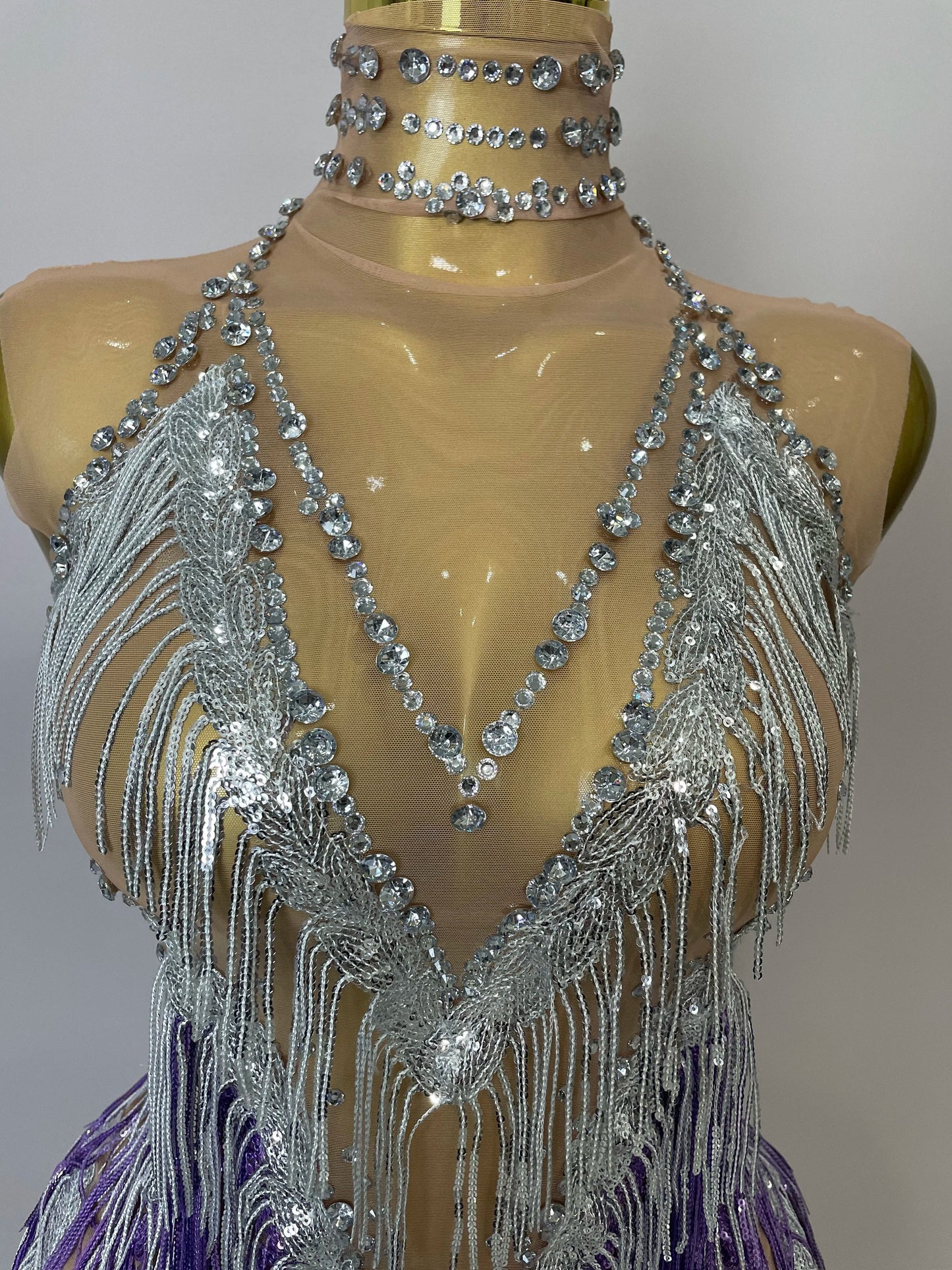 Women Sexy Stretch Mesh Sparkly Rhinestone Tassels Mini Dress Nightclub Singer Dance Stage Costume Evening Gowns