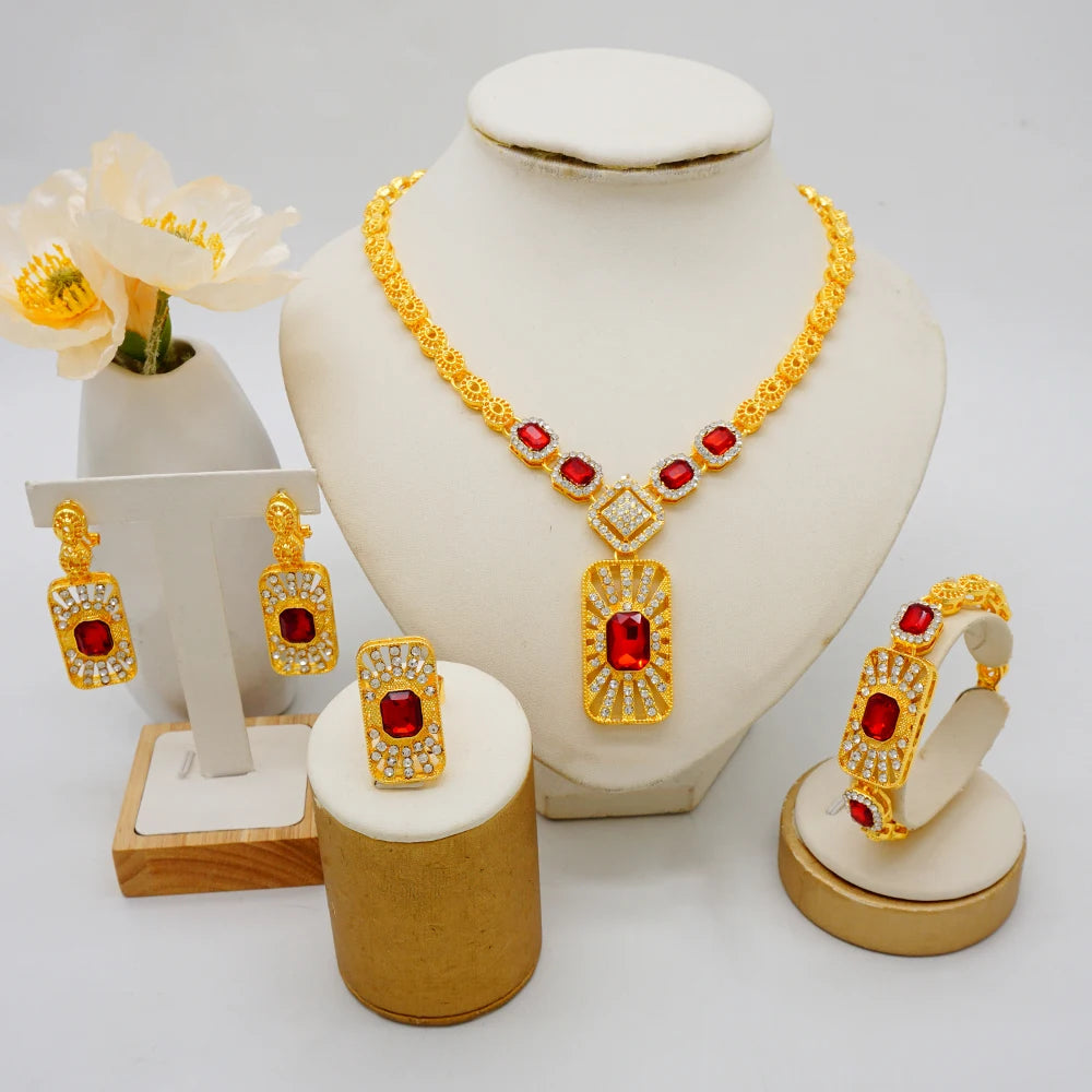 Women Gold Color Jewelry Sets Blue Pendant Necklace Earrings Bracelet Ring Sets Party Gifts