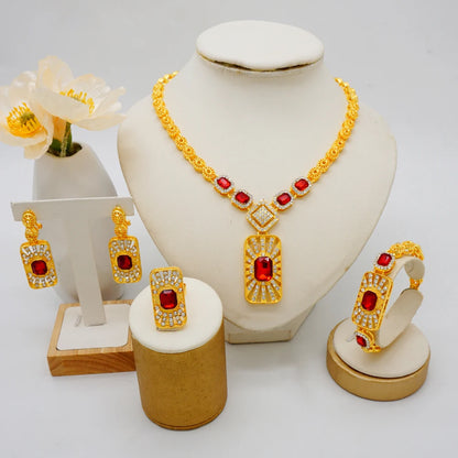 Women Gold Color Jewelry Sets Blue Pendant Necklace Earrings Bracelet Ring Sets Party Gifts