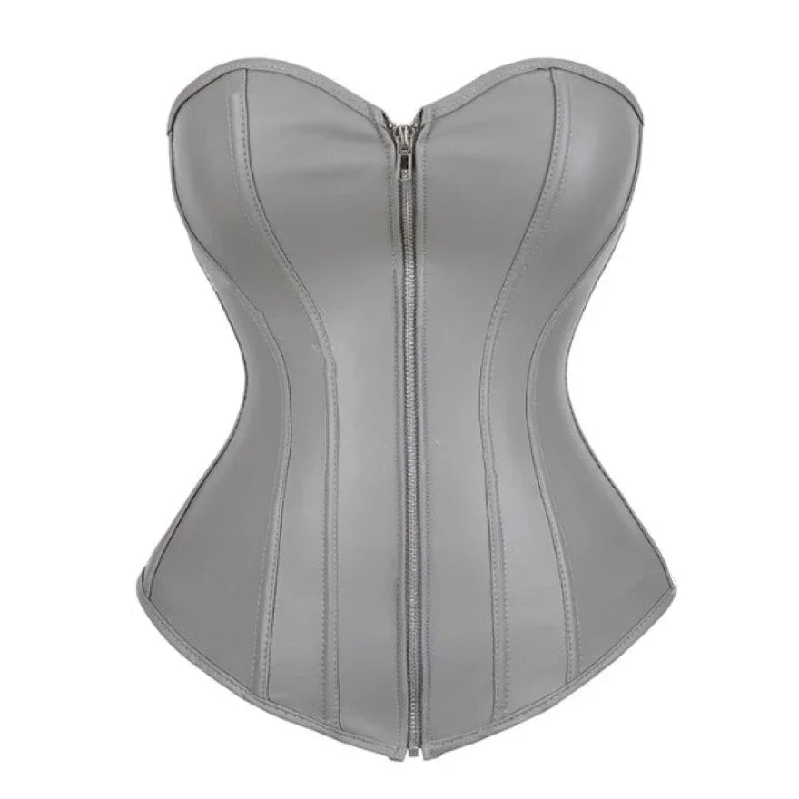 Women Faux Leather Corset Tops Gothic Overbust Lace Up Zipper Strapless Bustier Shaperwear Sexy Clubwear