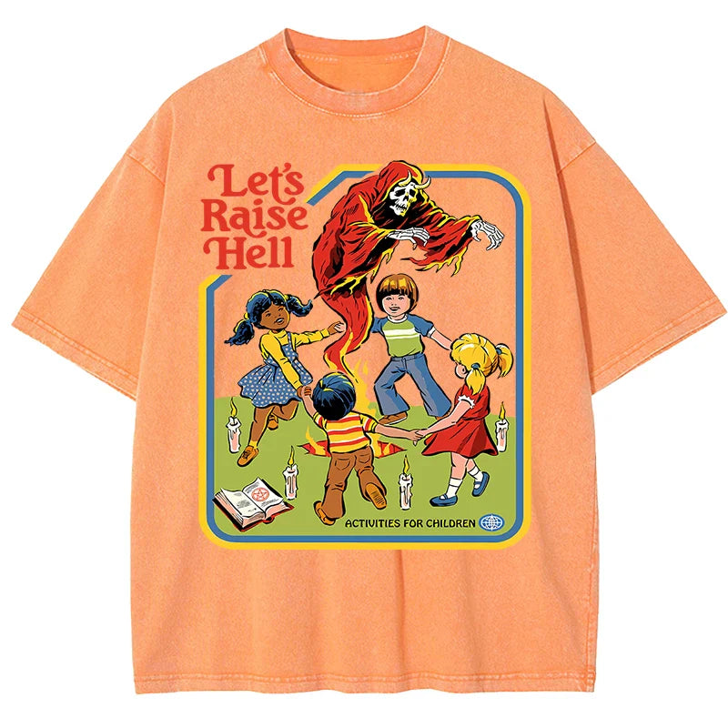 Let'S Raise Hell Printed Snow Wash Tee Shirts Man Breathable Cotton T Shirt Sportwear Clothing Crewneck Loose Short Sleeve