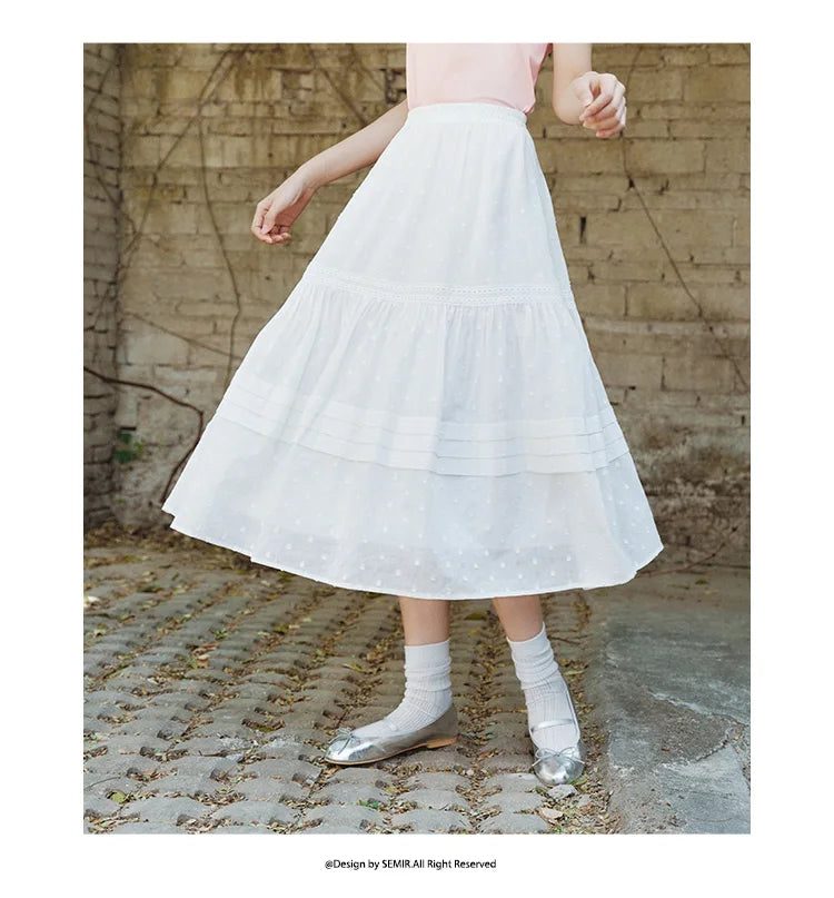 Skirt Women Elastic Waist A-Line Elegant 2025 New Summer Patchwork Lace Polka Dot Long Skirt Graceful for Daily Wear