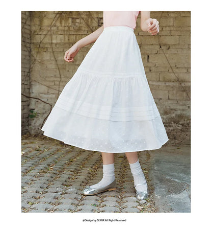 Skirt Women Elastic Waist A-Line Elegant 2025 New Summer Patchwork Lace Polka Dot Long Skirt Graceful for Daily Wear