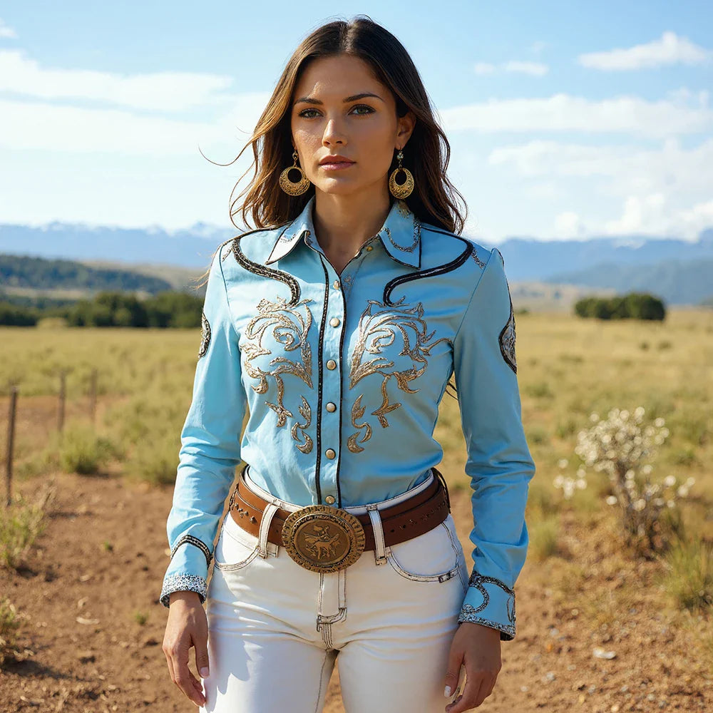 Women's Blouse Long Sleeve Turn Down Collar Floral Printed Single Breasted Chic Western Cowboy Casual Vintage Autumn Shirt Tops