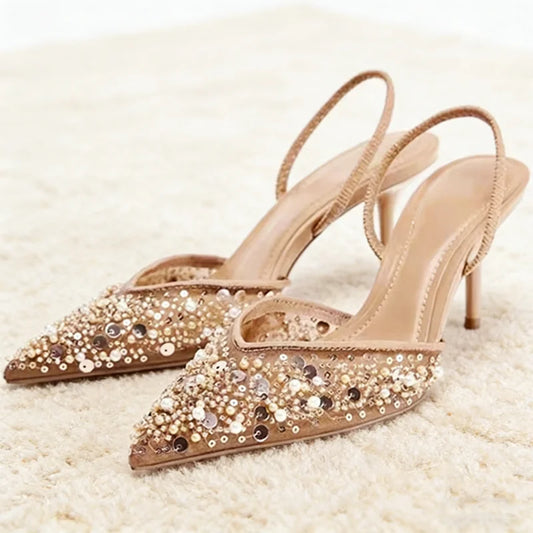 Luxury Designer Bling String Bead Mesh High Heels Women Sexy Pointy Toe Breathable Heeled Sandals Elegant Slingbacks Women Pumps