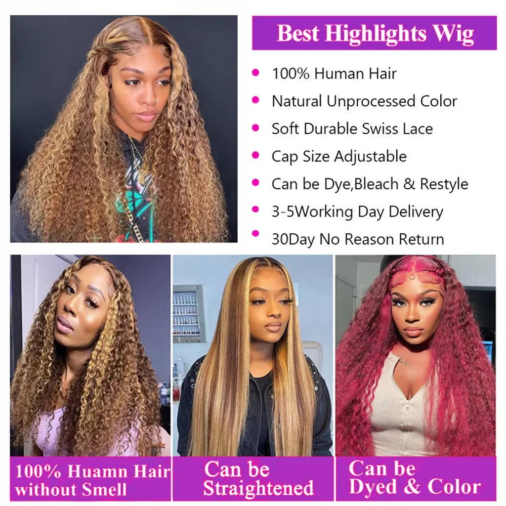 4/27 32 Inch Highlight Honey Brown Curly Lace Front Human Hair Wigs 13x6 Ombre Colored Deep Wave Lace Frontal Wigs Women ﻿