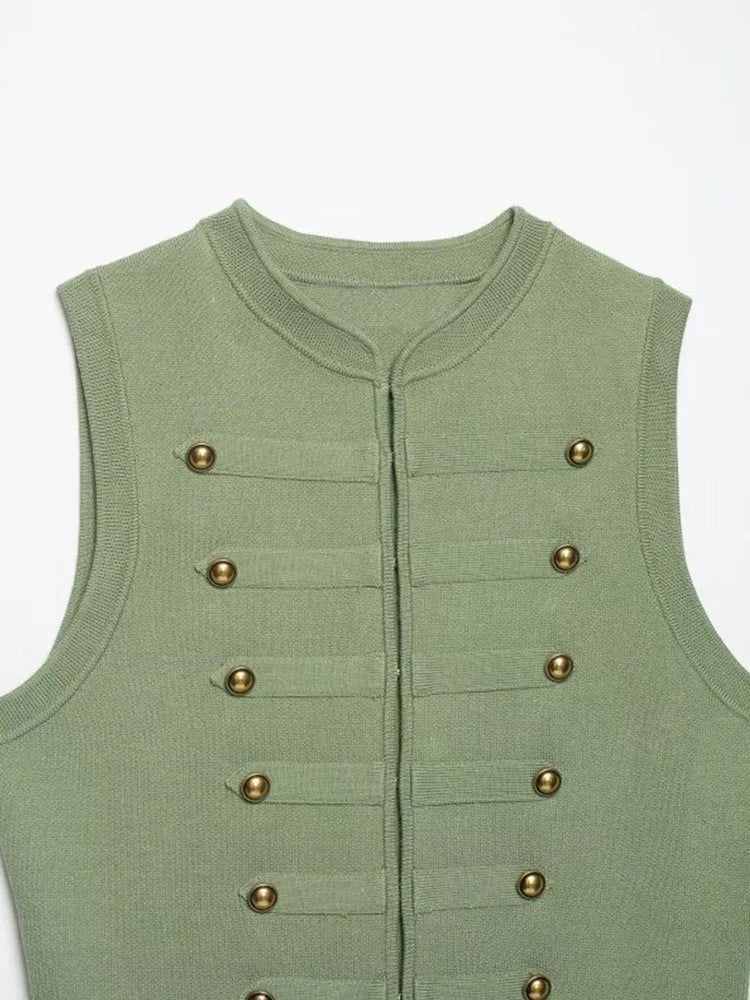Women Knitting Tank Tops Camis 2026 Summer O-Neck Buttons Solid Sleeveless Female Elegant Street Top Clothing