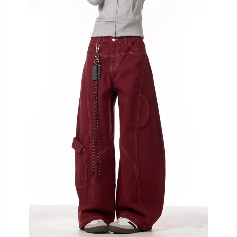 Calça Cargo Jeans Casual Vermelha Feminina Calça de Trabalho Folgada Reta Perna Larga Calça Coreana Primavera Estilo Preguiçoso Confortável Chique