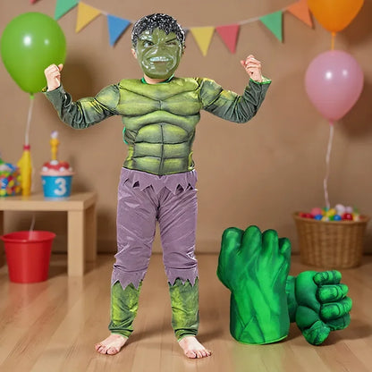 3-12Y Kids Superhero Costume Hulk Jumpsuit Halloween Mask Party with Gloves Cosplay Suit for Boys Girls Holiday Celebration