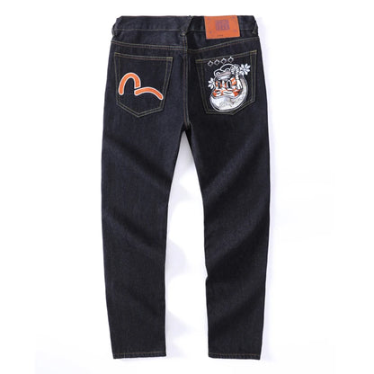 Men's Japanese Handmade Embroidered Cotton Jeans Straight Tube Slim Fit Hip-Hop Trousers Red Ear Detail Devil Big M Golden Text