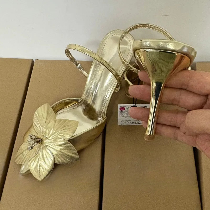 Golden Flower Wedding Party Ladies High Heels Shoes Sexy Pointed Toe Banquet Stiletto Unique Design Brand Women Modern Sandals