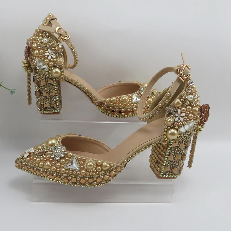 Luxury Champagne Golden Crystal wedding shoes matching bags woman fashion Thick heel Women party dress shoes Pointed Toe shoes