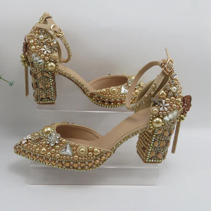 Luxury Champagne Golden Crystal wedding shoes matching bags woman fashion Thick heel Women party dress shoes Pointed Toe shoes