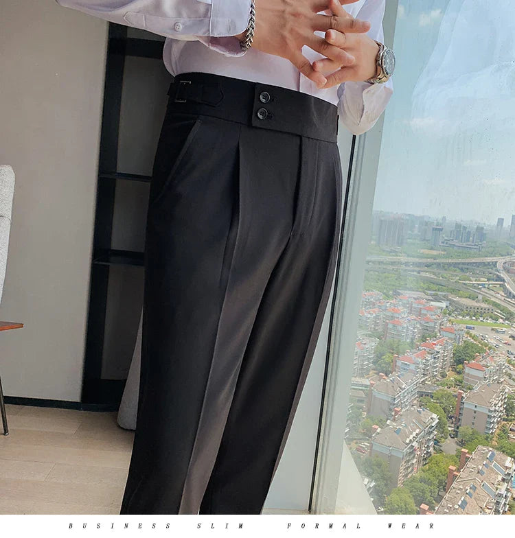 Men British Style Suits Pants New Male Solid High Waist Trousers High Quality Men Formal Slim Fit Business Casual Suit Pants