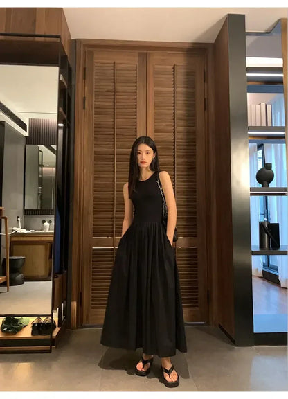 New Vintage Black Tank Top Midi Dress Wedding Dresses for Women Clothing O Neck Office Lady Casual Pockets Women's Clothing