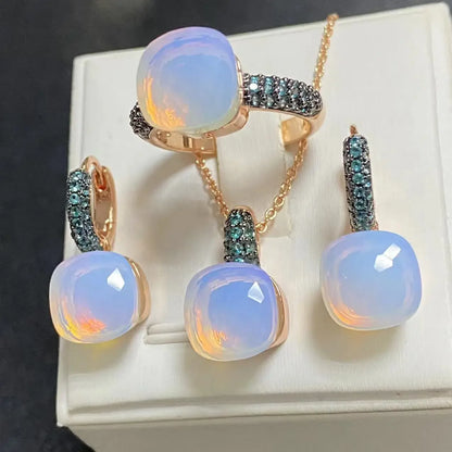 3Pcs Gun Black Plated Blue Zircon Jewelry Set for Women Includes Ring Earrings Necklace Elegant Crystal Blue Topaz Matching Gift