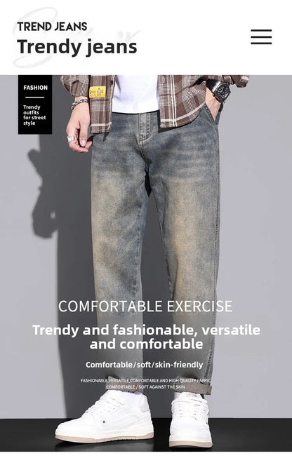 Retro American Style Men's Jeans Loose Fit Heavy Casual Slim Leg Cotton Pants Elastic Waist Korean Denim Jeans for Spring Autumn