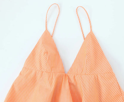 Women Summer Orange Striped Backless Zipper Mini Dress Thin Straps V-Neck Female Chic Lady Dresses Vestidos Para Mujer