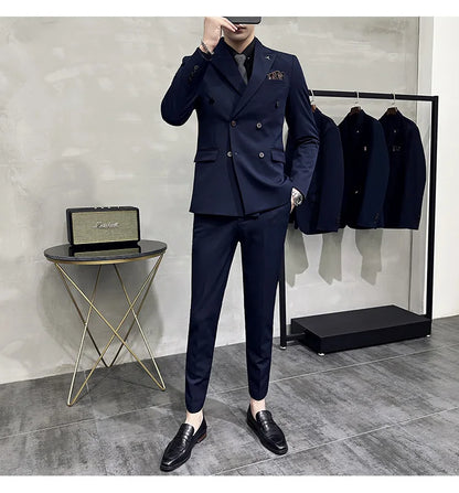 ( Blazers + Pants ) Boutique Fashion Solid Color Double-breasted Men's Casual Business Slim Suit 2-piece Set Groom Wedding Dress