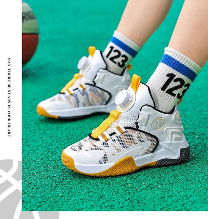 Boys Girls Quick Twist Lace Basketball Shoes Wear Resistant Comfortable Outdoor Athletic Footwear