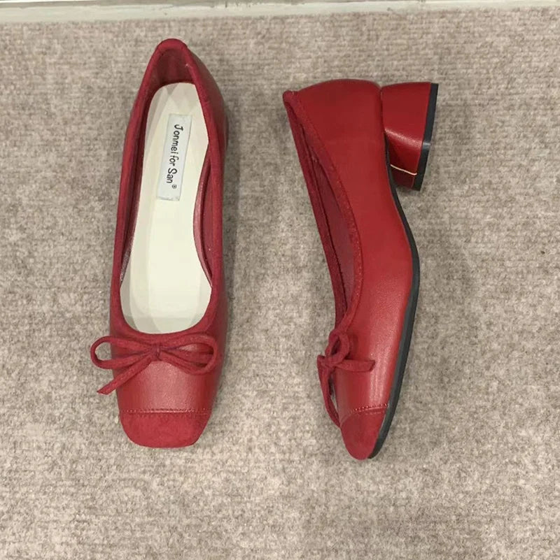 Fashion Elegant Red Ballerinas Women Pumps Slip on Loafers Round Toe Square Heels Bowknot Casual Spring Autumn Low Heel Shoes