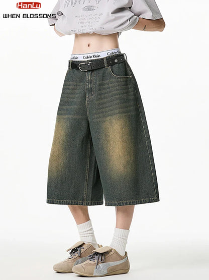 2025 Summer Men's Wide Leg Jeans Shorts Vintage Distressed Wash Y2K Straight Elastic Waist Loose Casual Relaxed Fit