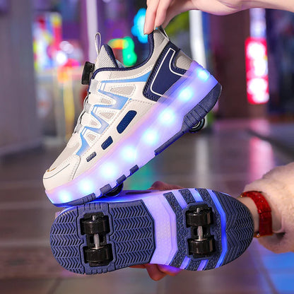Boys Girls Roller Shoes Pink Blue Four Wheels Luminous Glowing Kids Outdoor Sport Casual Shoes USB Children Led Sneakers Shoes
