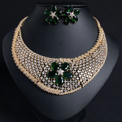 Cubic Zirconia Inlaid Hollow Leaf Flower Pendant Earrings and Necklace Jewelry Set