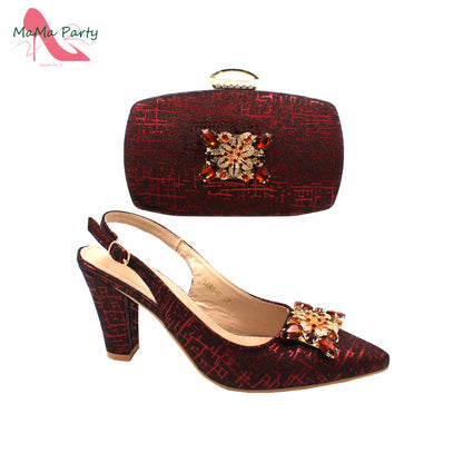 Classics Italian Design Shoes and Bag Set in Orange Color Comfortable Heels Pointed Toe Pumps for Wedding Party