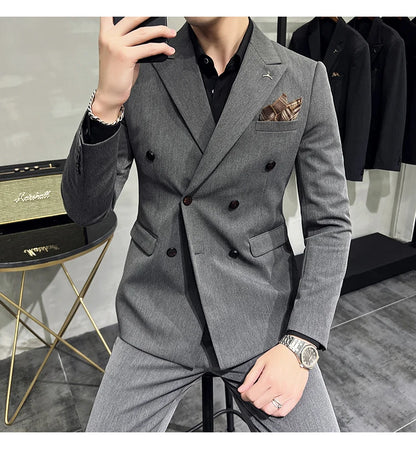 ( Blazers + Pants ) Boutique Fashion Solid Color Double-breasted Men's Casual Business Slim Suit 2-piece Set Groom Wedding Dress