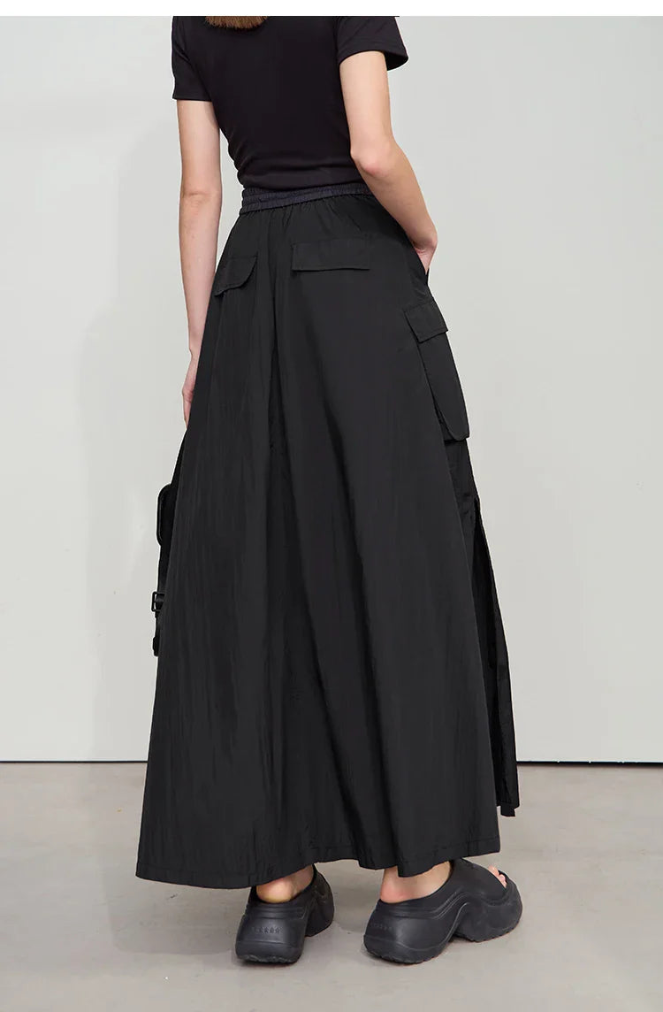 Vacation Long Skirt 2025 Summer Women Loose Sun Protection Office Lady Solid Pockets Elastic Waist Cord Slit Skirt 12542106