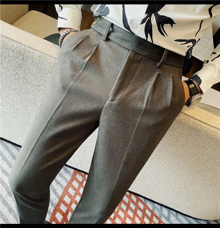 Men's Slim Fit Naples Business Casual Trousers Made of Autumn and Winter Wool, Thickened for Warmth, Classic Ankle-length Pants.