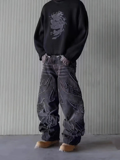 European and American Embroidered Street Graffiti Wide-Leg Jeans for Men, Loose Flame Vintage-Style Casual Trousers